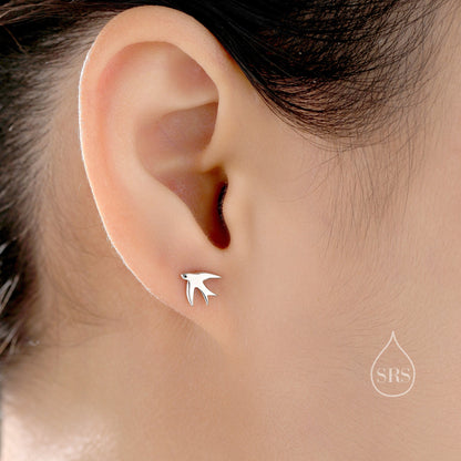 Swallow Bird Stud Earrings in Sterling Silver Flying Bird Earrings, Silver or Gold or Rose Gold, Nature Inspired Animal Earrings