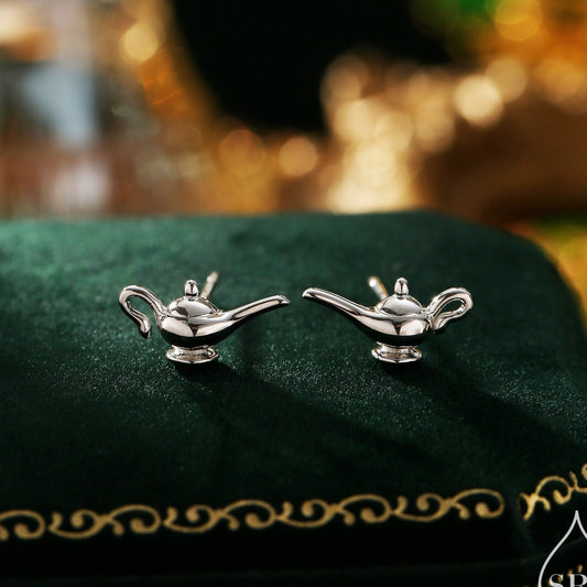 Aladdin's Magic Lamp Stud Earrings in Sterling Silver, Cute Genie Stud, Fairy tale Inspired Design