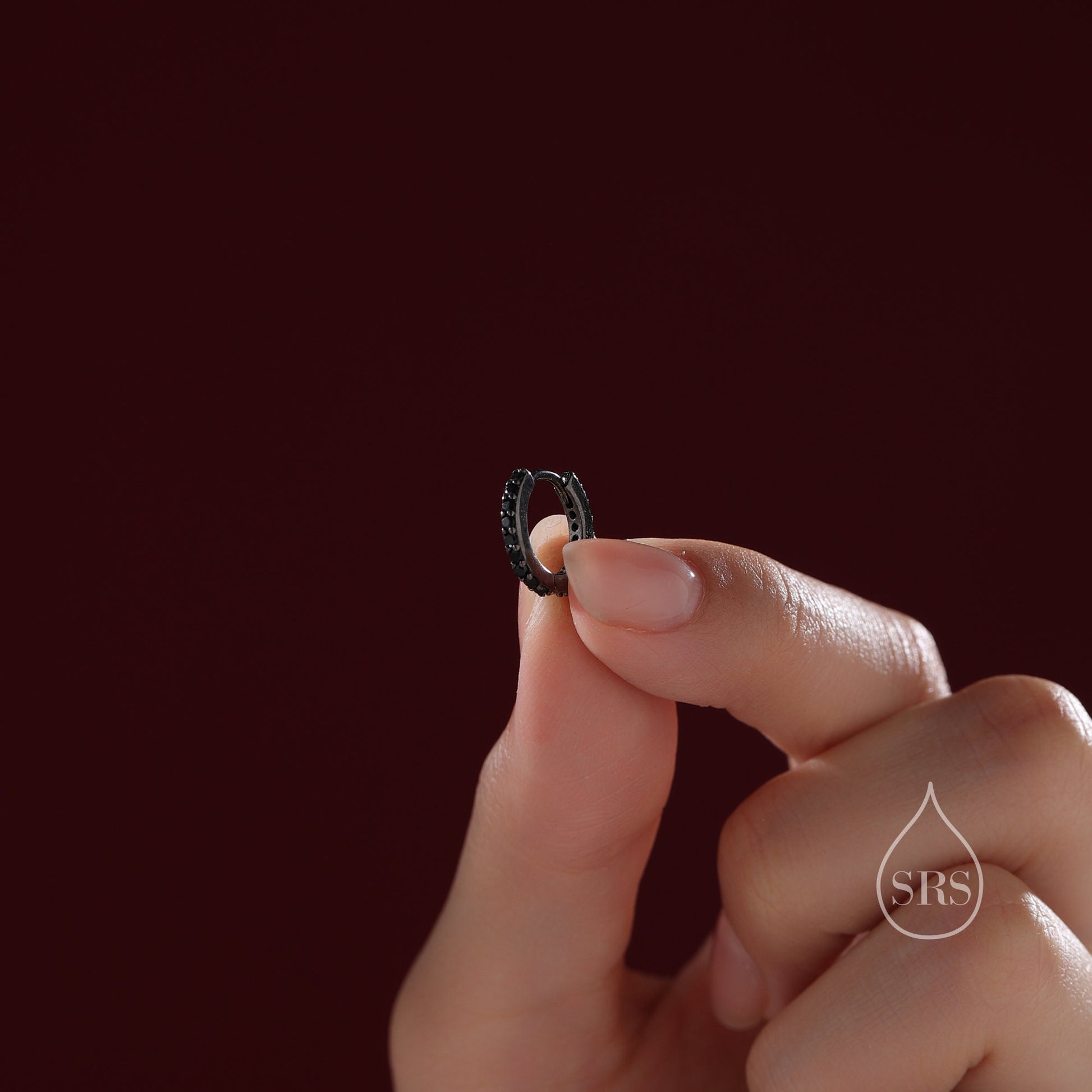 Black CZ Huggie Hoop in Sterling Silver, 6mm or 8mm, Black Rhodium Coated Hoops, Minimalist Simple Hoop Earrings, Black Hoops with Black CZ