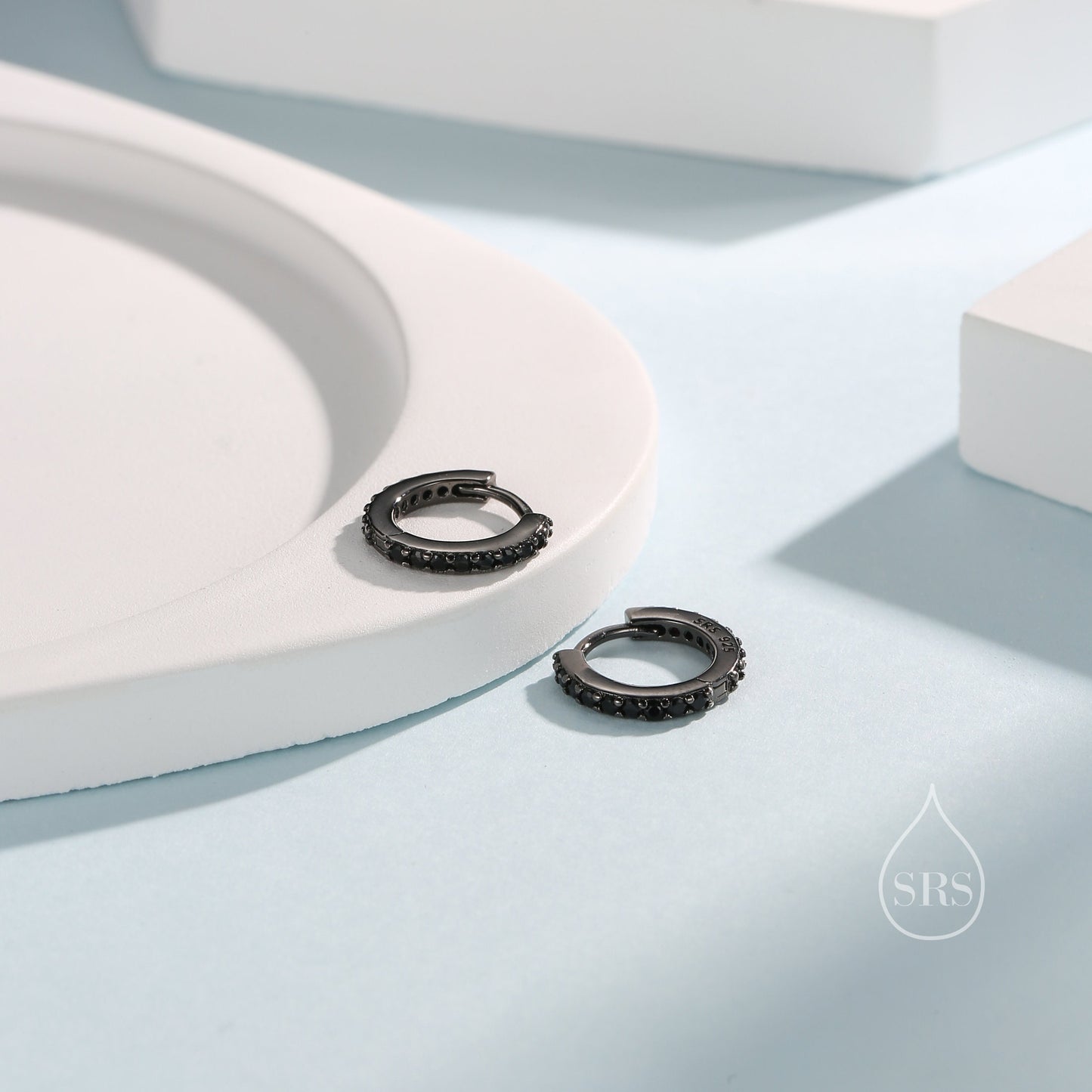 Black CZ Huggie Hoop in Sterling Silver, 6mm or 8mm, Black Rhodium Coated Hoops, Minimalist Simple Hoop Earrings, Black Hoops with Black CZ