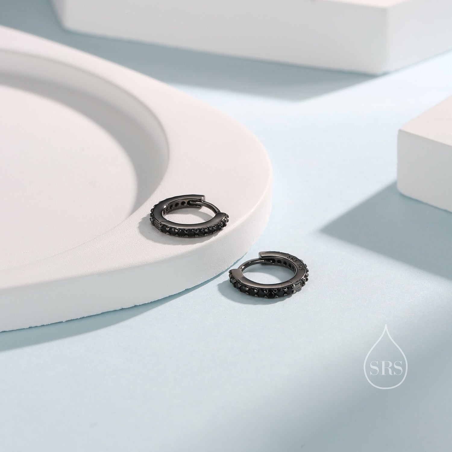 Black CZ Huggie Hoop in Sterling Silver, 6mm or 8mm, Black Rhodium Coated Hoops, Minimalist Simple Hoop Earrings, Black Hoops with Black CZ