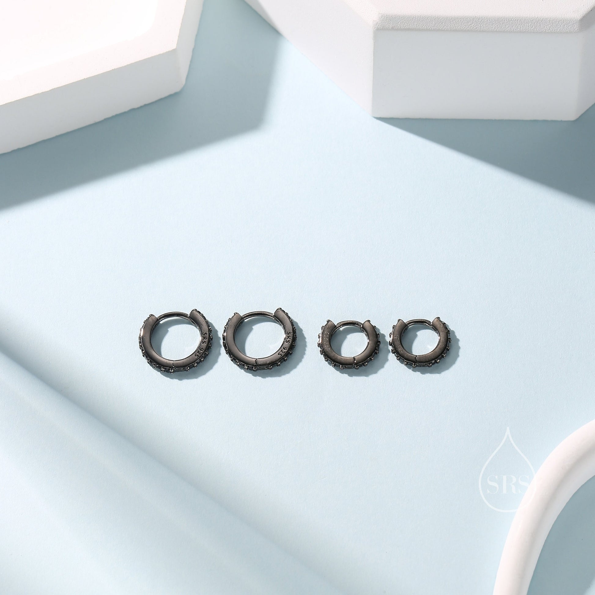 Black CZ Huggie Hoop in Sterling Silver, 6mm or 8mm, Black Rhodium Coated Hoops, Minimalist Simple Hoop Earrings, Black Hoops with Black CZ