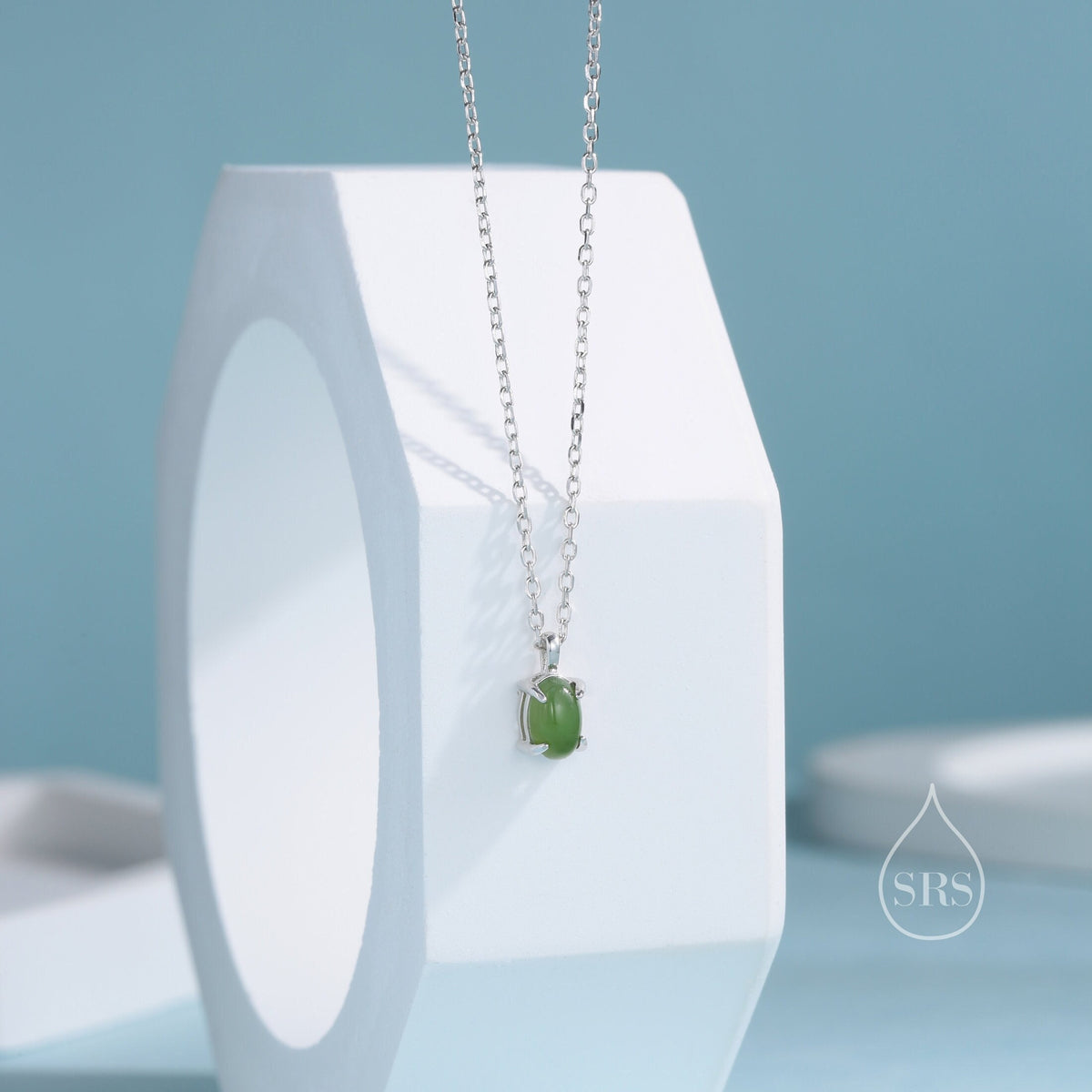 Genuine Green Jade Oval Necklace in Sterling Silver, Dainty Jade Oval Cabochon Necklace, Natural Jade Necklace