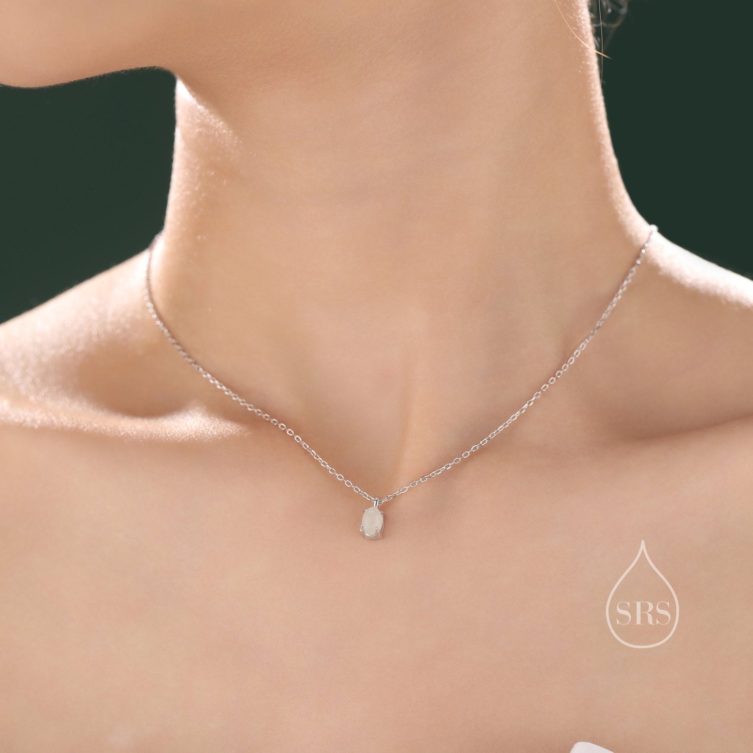 Genuine Milky Jade Oval Necklace in Sterling Silver, 4x6mm Dainty White Jade Oval Cabochon Necklace, Natural Gemstone Necklace