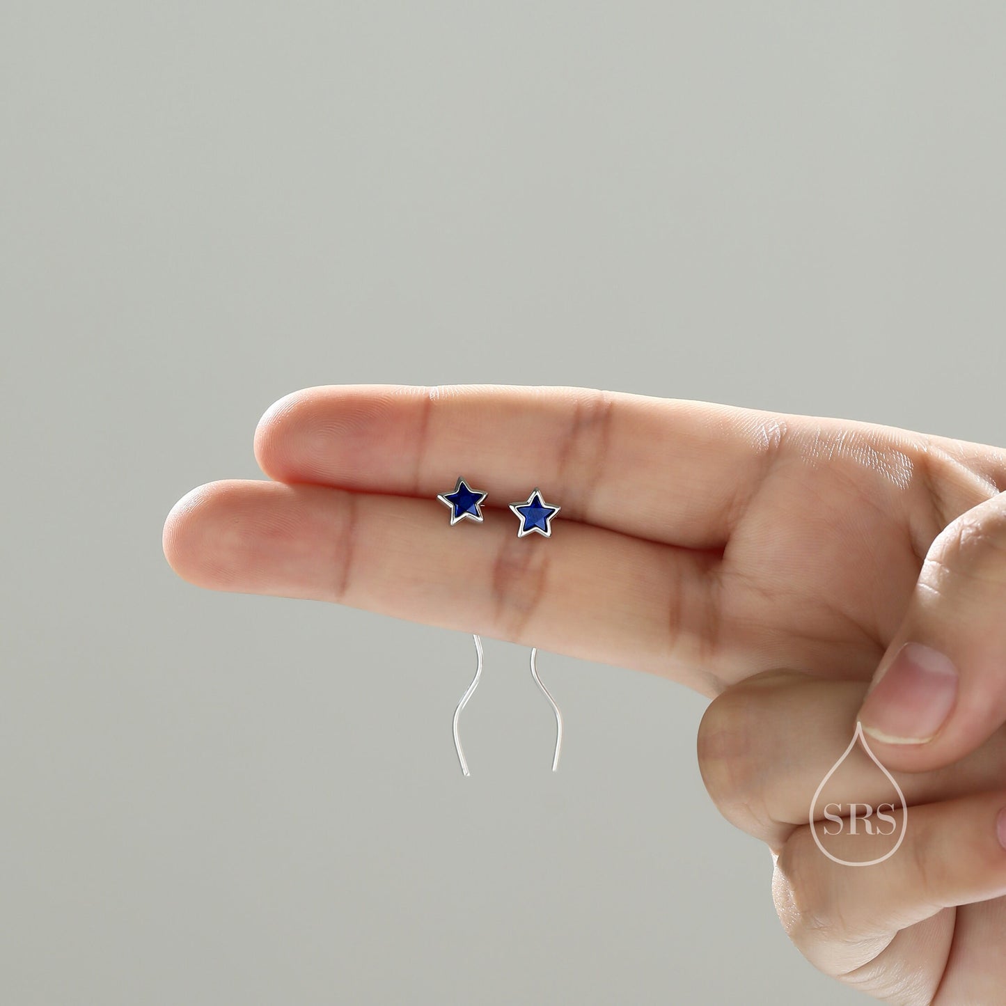 Sapphire Blue Star Bezel CZ Crystal Threader Earrings in Sterling Silver, Silver or Gold, Minimalist Star Cut Ear Threaders