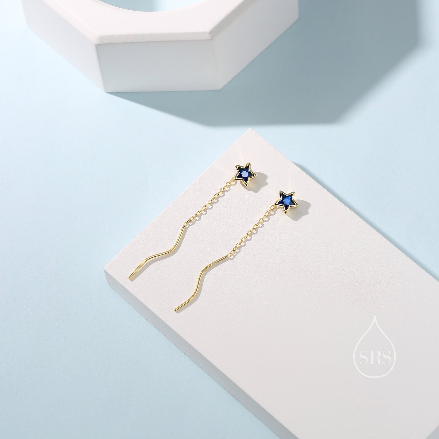 Sapphire Blue Star Bezel CZ Crystal Threader Earrings in Sterling Silver, Silver or Gold, Minimalist Star Cut Ear Threaders