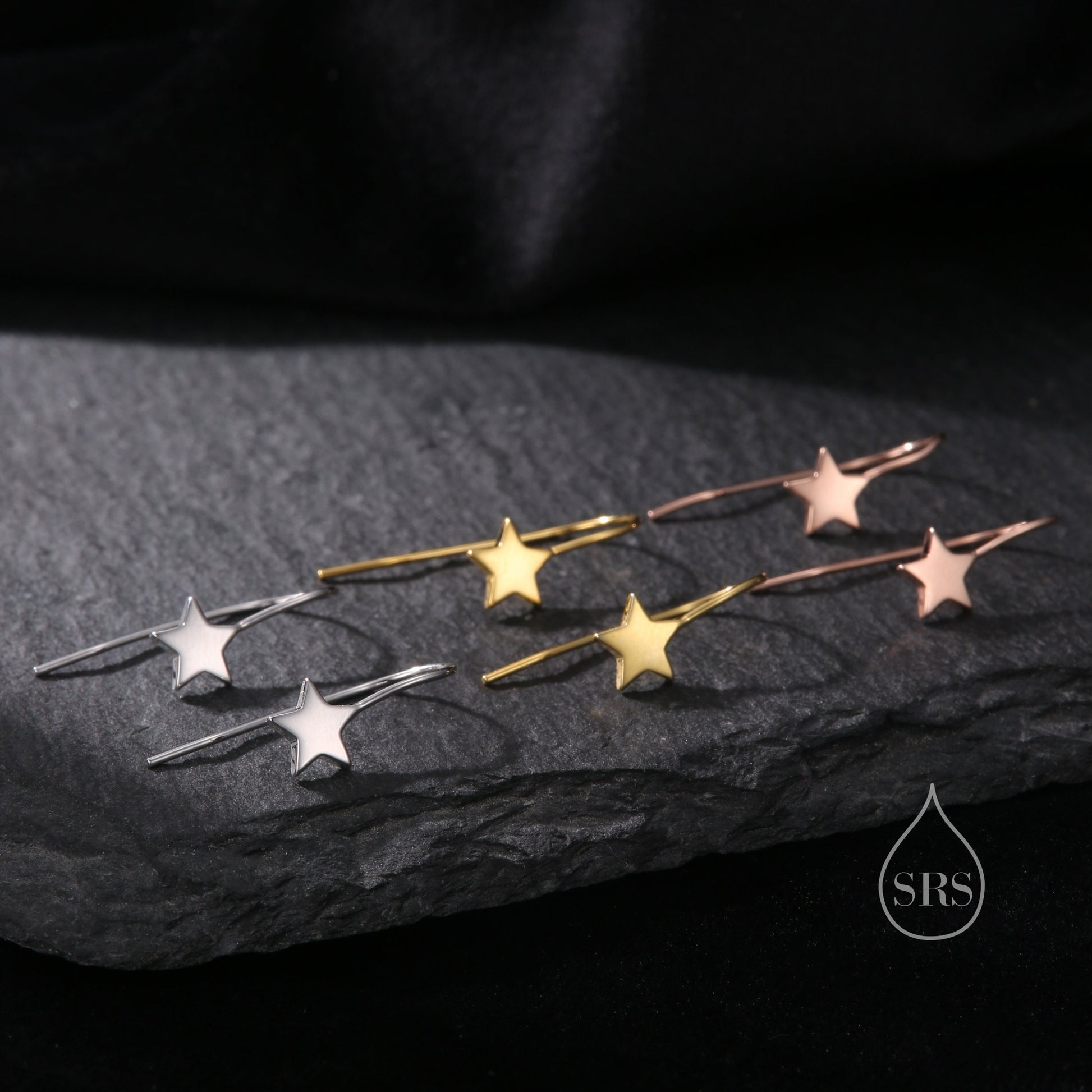 Sterling Silver Star Drop Earrings in Sterling Silver, Silver, Gold or Rose Gold, Star Hook Earrings, Dangle Celestial Earrings