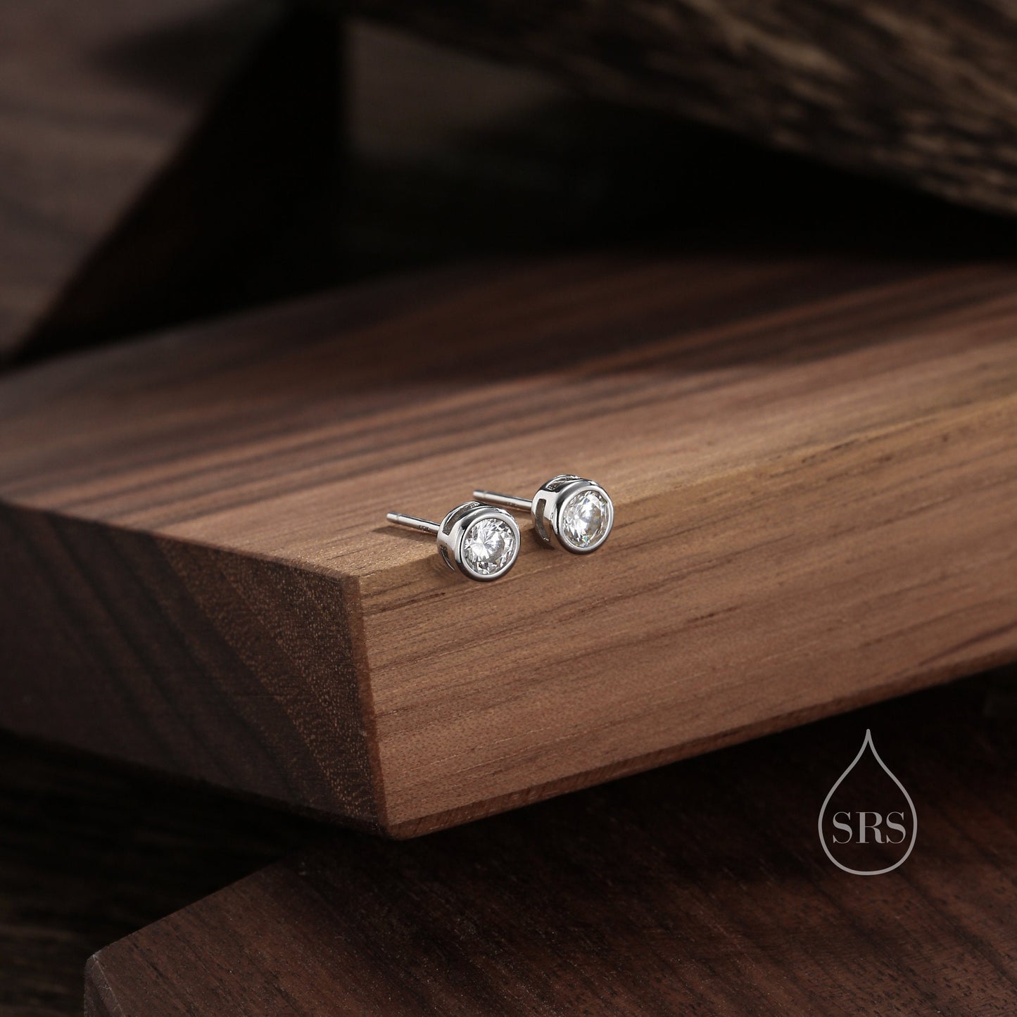 5mm Bezel CZ Crystal Stud Earrings in Sterling Silver, Silver or Gold, Available in butterfly backs or screw backs,  Brilliant Cut CZ