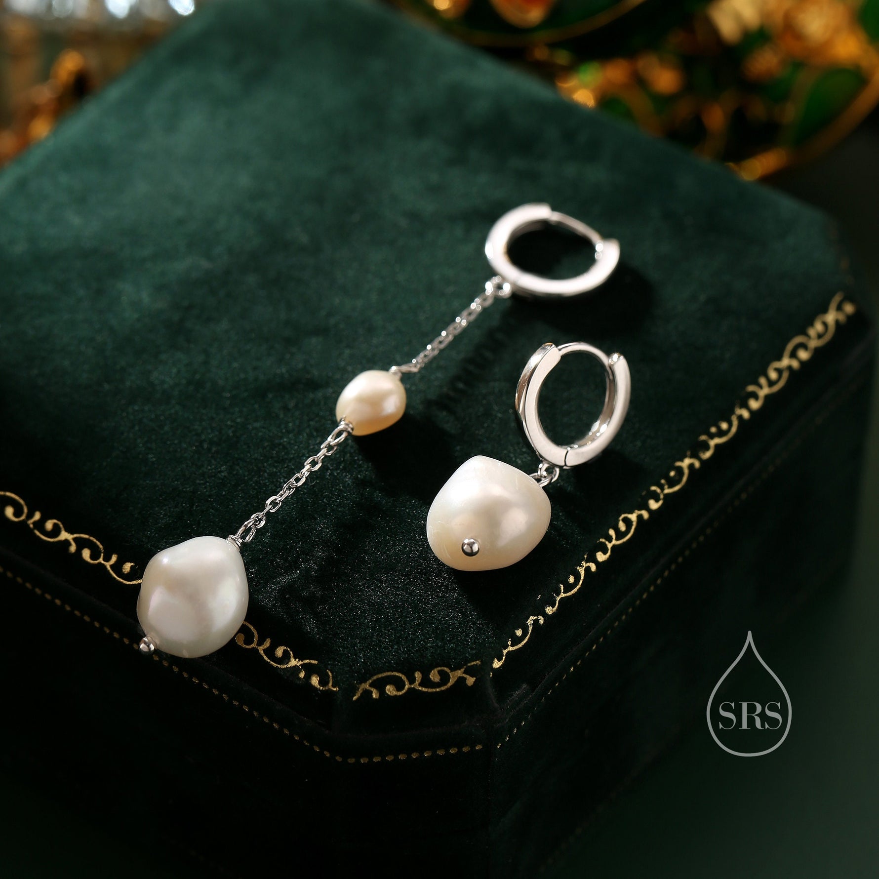 Asymmetric Natural Freshwater Baroque Pearl Huggie Hoop Earrings in Sterling Silver, Pearl Cascade Dangle Chain Earrings, Gold and Silver