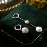 Asymmetric Natural Freshwater Baroque Pearl Huggie Hoop Earrings in Sterling Silver, Pearl Cascade Dangle Chain Earrings, Gold and Silver