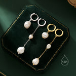 Asymmetric Natural Freshwater Baroque Pearl Huggie Hoop Earrings in Sterling Silver, Pearl Cascade Dangle Chain Earrings, Gold and Silver