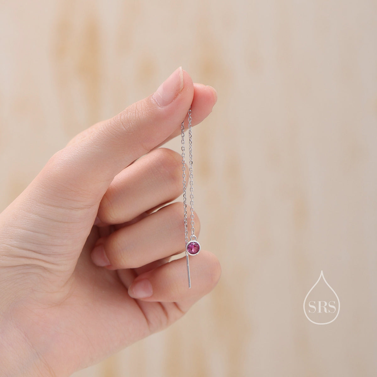 4mm Ruby Pink CZ Threader Earrings in Sterling Silver, Silver or Gold, Tiny Dot Crystal Ear Threaders, Bezel CZ Ear Threaders, Minimalist