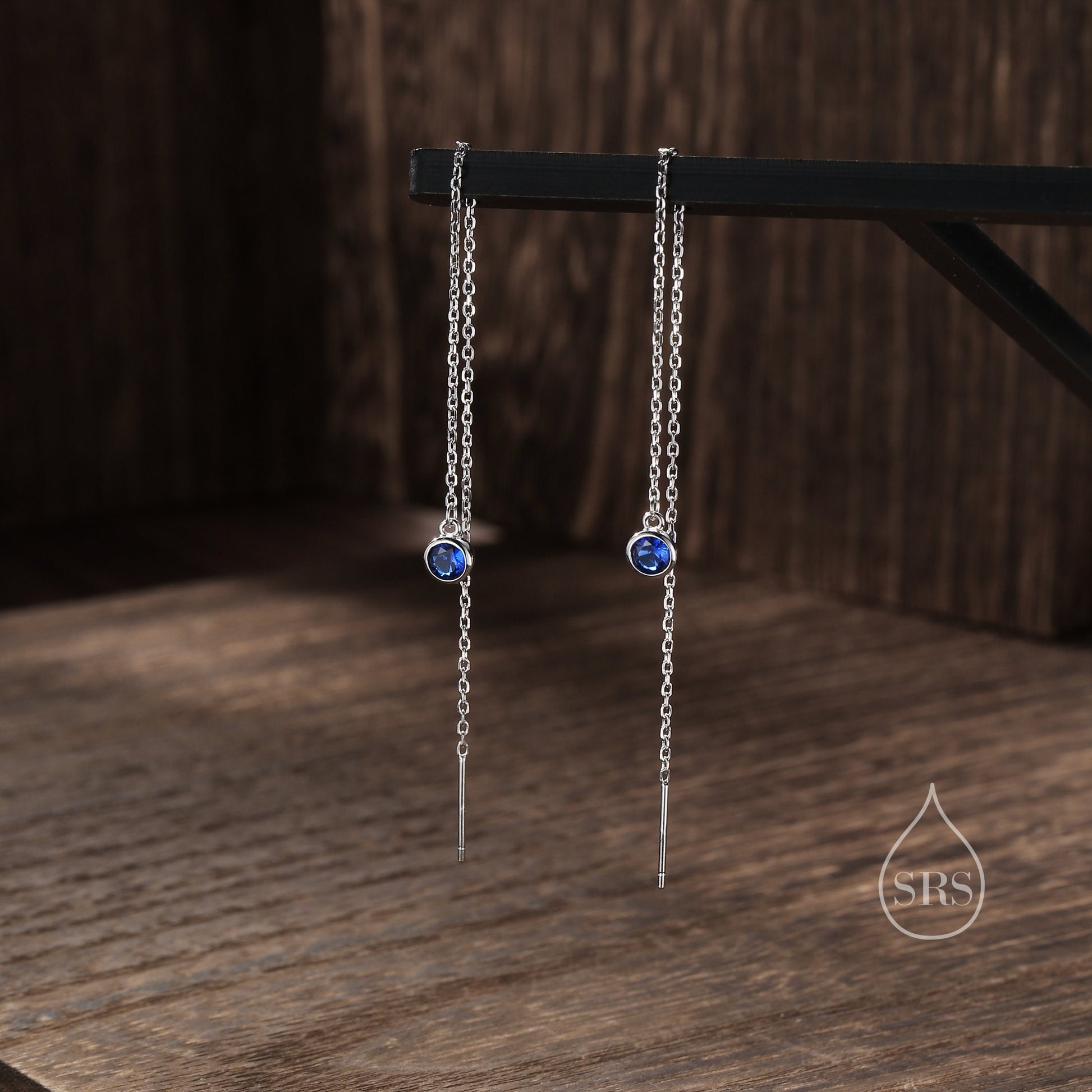 4mm Sapphire Blue CZ Threader Earrings in Sterling Silver, Silver or Gold, Tiny Dot Crystal Ear Threaders, Bezel CZ Ear Threaders