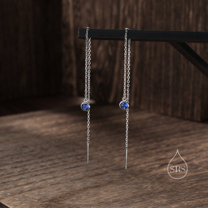 4mm Sapphire Blue CZ Threader Earrings in Sterling Silver, Silver or Gold, Tiny Dot Crystal Ear Threaders, Bezel CZ Ear Threaders