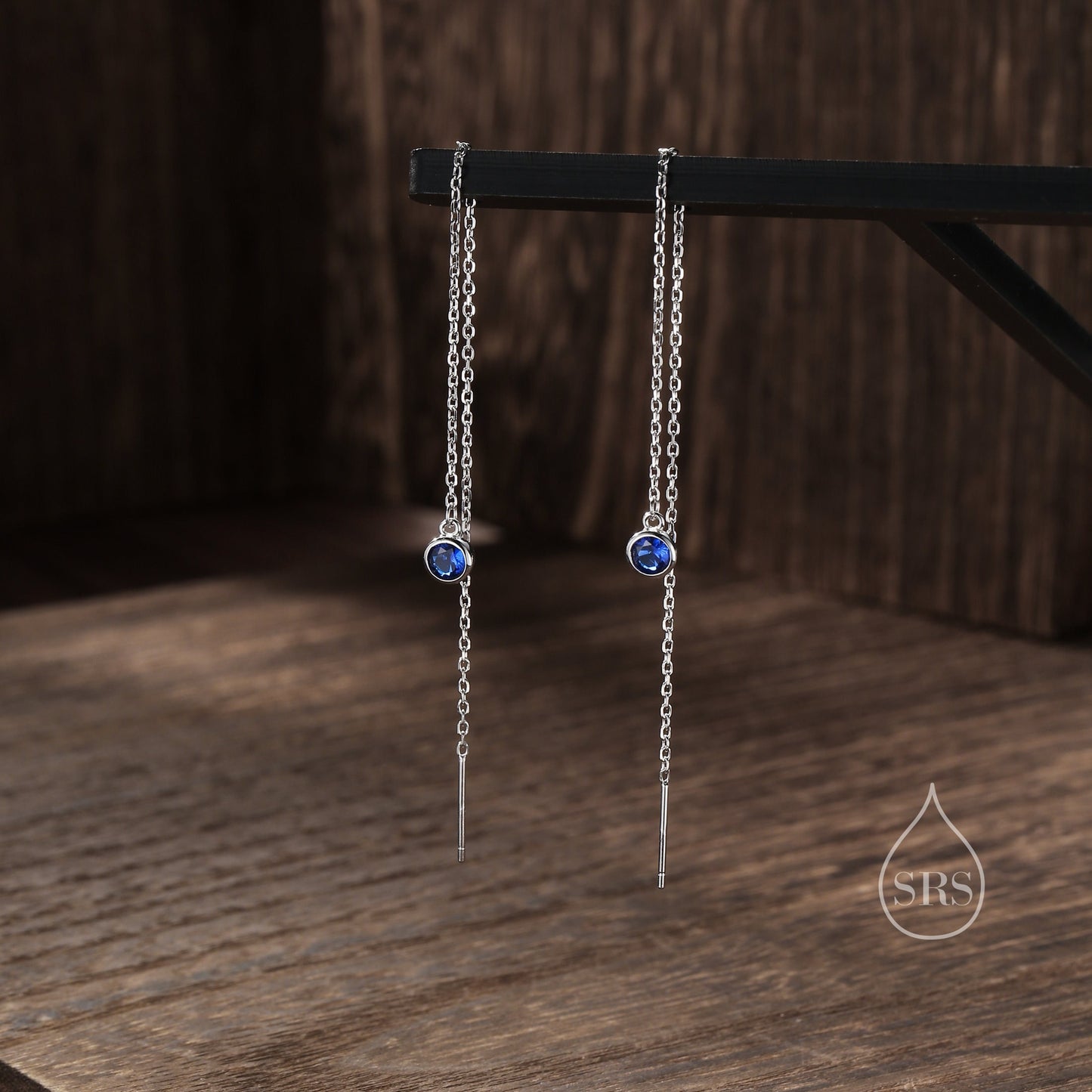 4mm Sapphire Blue CZ Threader Earrings in Sterling Silver, Silver or Gold,  Tiny Dot Crystal Ear Threaders, Bezel CZ Ear Threaders