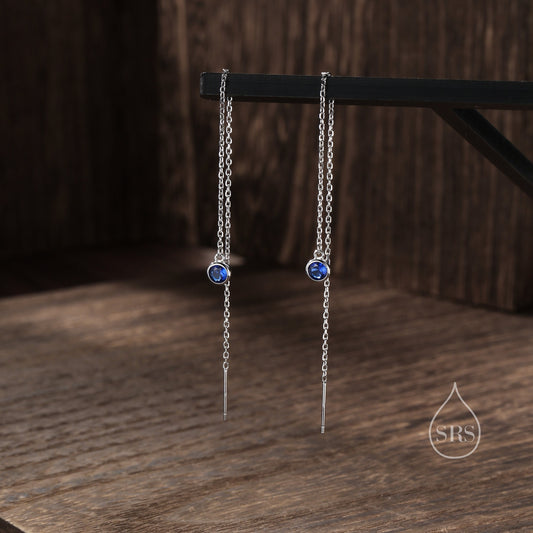 4mm Sapphire Blue CZ Threader Earrings in Sterling Silver, Silver or Gold,  Tiny Dot Crystal Ear Threaders, Bezel CZ Ear Threaders