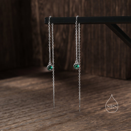 4mm Emerald Green CZ Threader Earrings in Sterling Silver, Silver or Gold,  Tiny Dot Crystal Ear Threaders, Bezel CZ Ear Threaders