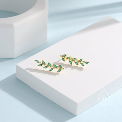 Emerald Green CZ Leaf Crawler Earrings in Sterling Silver, Silver, Gold or Rose Gold, Olive Branch Climber Earrings, Nature Inspired Earring