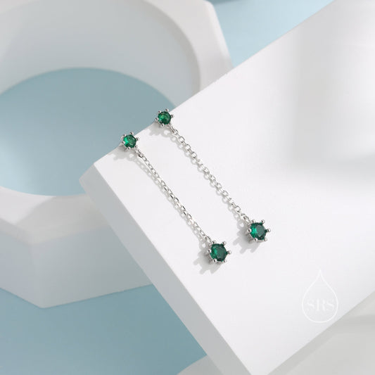 Emerald Green CZ Dangle Chain Stud Drop Earrings in Sterling Silver, Silver or Gold, Geometric Double CZ Chain Earrings, CZ Drop Earrings