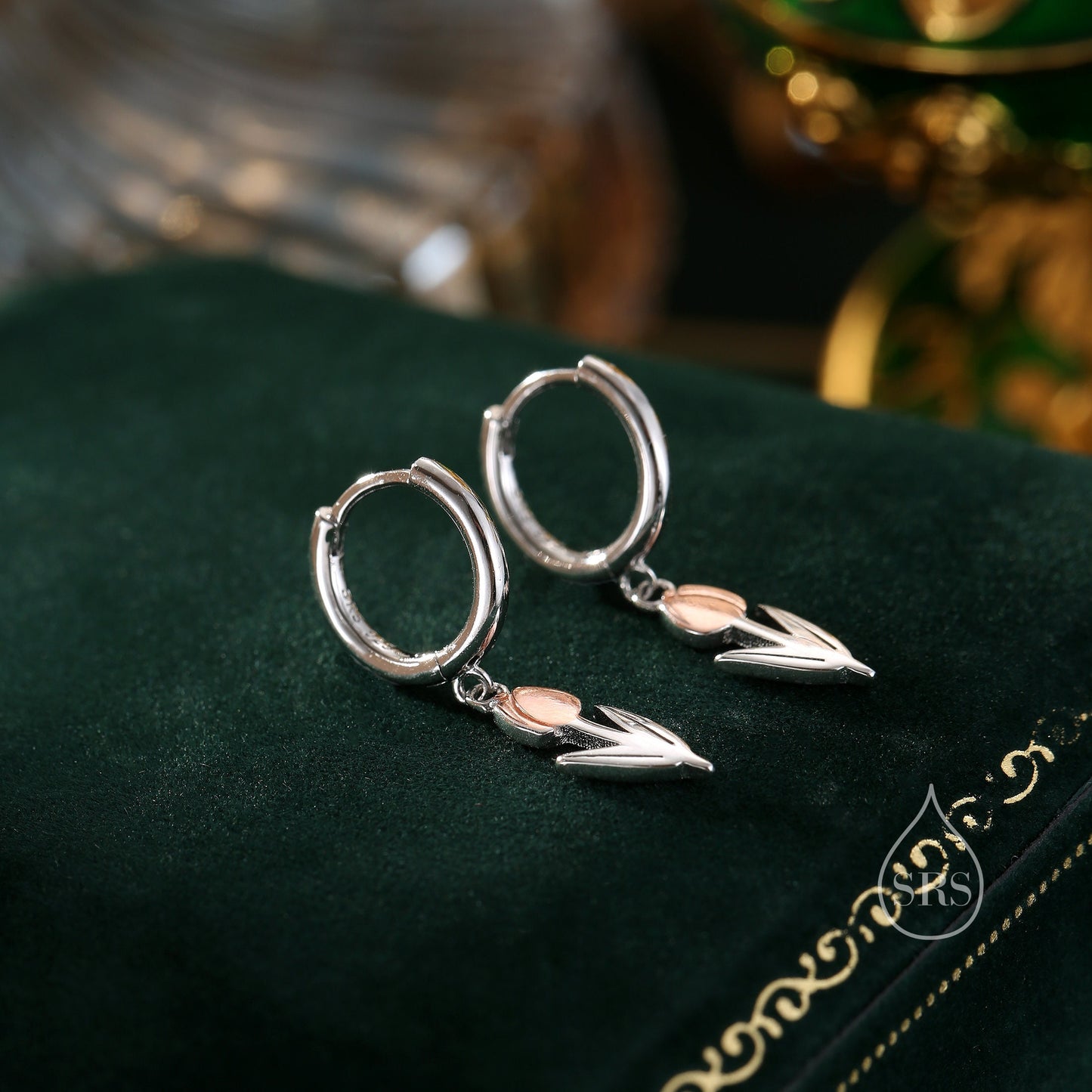 Tulip Flower Huggie Hoop Earrings in Sterling Silver, Two Tone Finish, Flower Earrings, Tulip Earrings