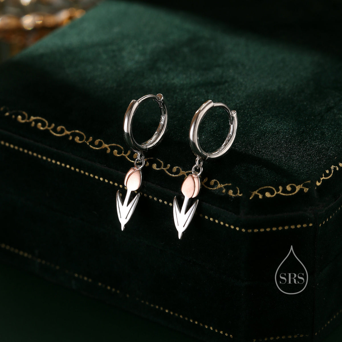 Tulip Flower Huggie Hoop Earrings in Sterling Silver, Two Tone Finish, Flower Earrings, Tulip Earrings