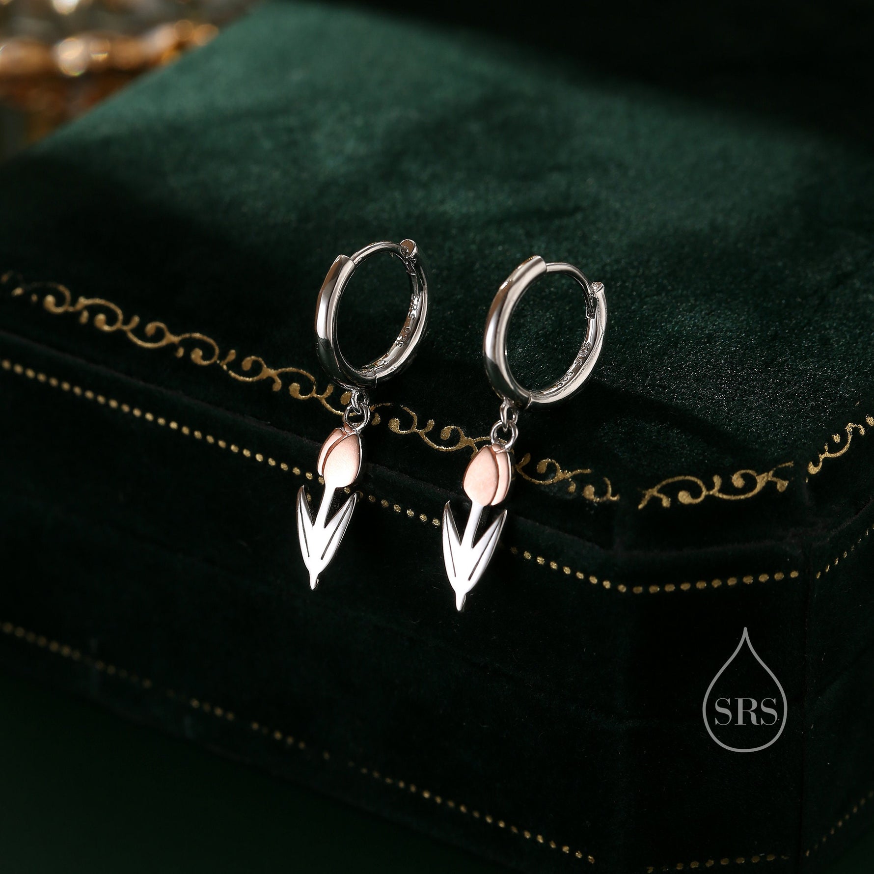 Tulip Flower Huggie Hoop Earrings in Sterling Silver, Two Tone Finish, Flower Earrings, Tulip Earrings