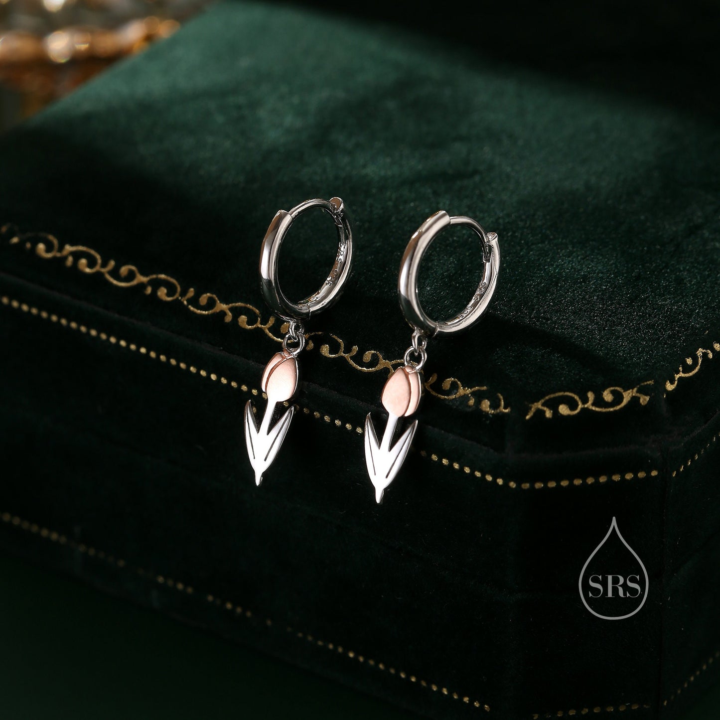 Tulip Flower Huggie Hoop Earrings in Sterling Silver, Two Tone Finish, Flower Earrings, Tulip Earrings