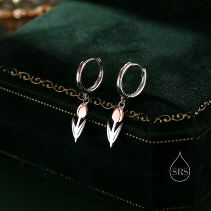 Tulip Flower Huggie Hoop Earrings in Sterling Silver, Two Tone Finish, Flower Earrings, Tulip Earrings