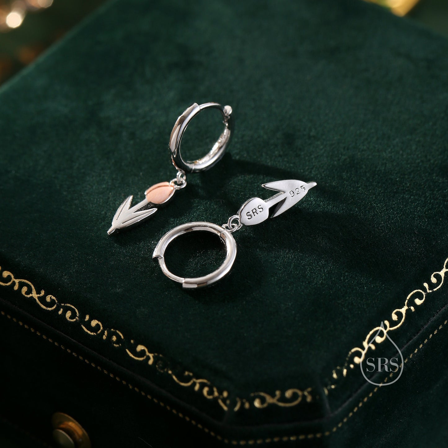 Tulip Flower Huggie Hoop Earrings in Sterling Silver, Two Tone Finish, Flower Earrings, Tulip Earrings