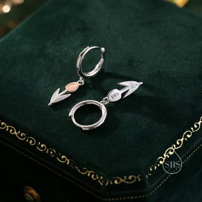 Tulip Flower Huggie Hoop Earrings in Sterling Silver, Two Tone Finish, Flower Earrings, Tulip Earrings