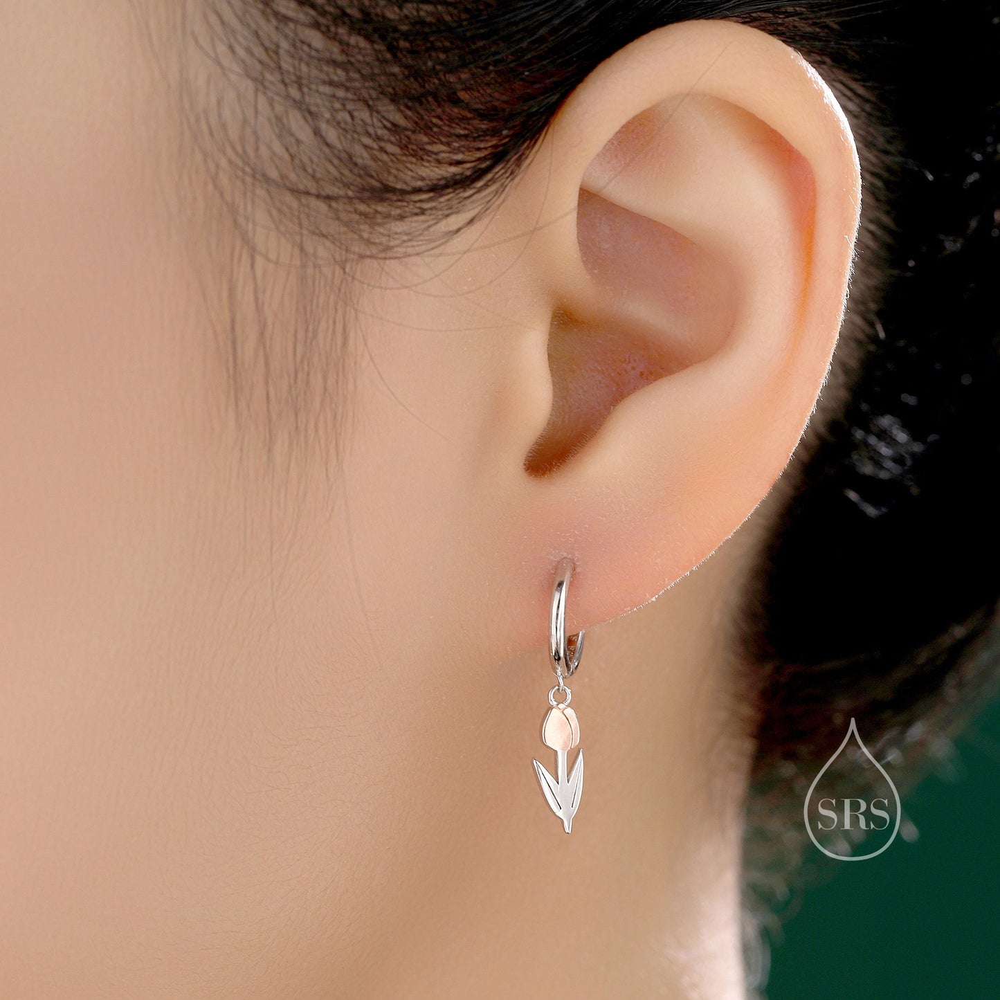 Tulip Flower Huggie Hoop Earrings in Sterling Silver, Two Tone Finish, Flower Earrings, Tulip Earrings