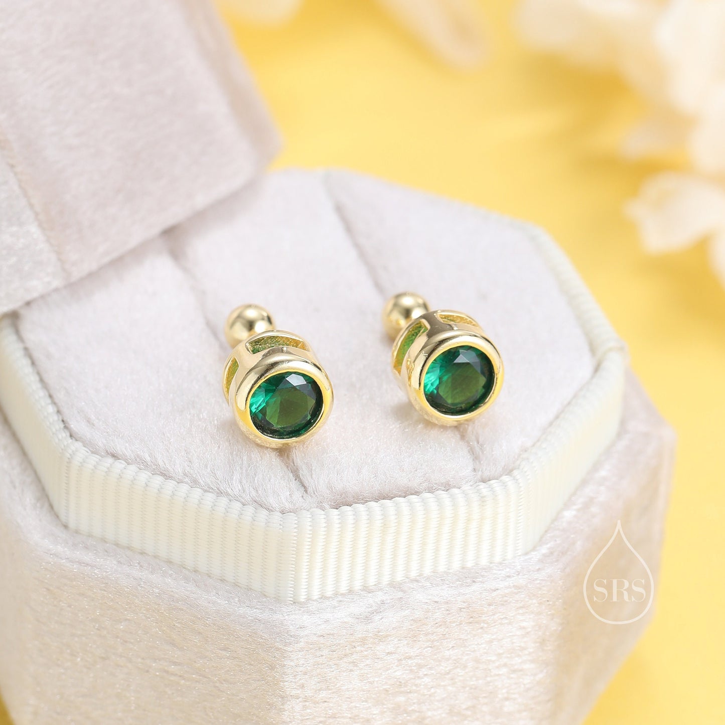 5mm Emerald Green Bezel CZ Crystal Stud Earrings in Sterling Silver, Silver or Gold, Available in butterfly backs or screw backs