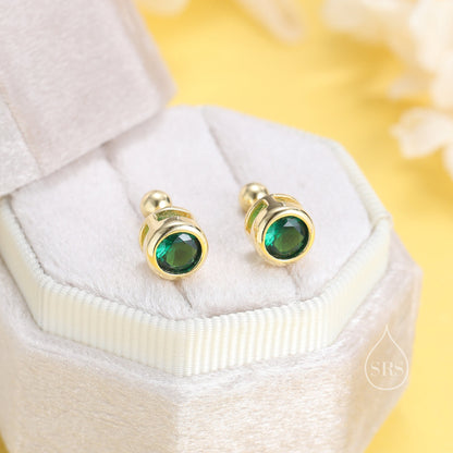 5mm Emerald Green Bezel CZ Crystal Stud Earrings in Sterling Silver, Silver or Gold, Available in butterfly backs or screw backs