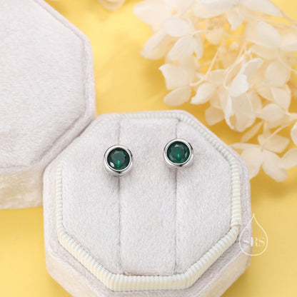 5mm Emerald Green Bezel CZ Crystal Stud Earrings in Sterling Silver, Silver or Gold, Available in butterfly backs or screw backs