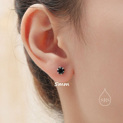 Prong Set Black CZ Stud Earrings in Sterling Silver, Silver or Gold, 3mm, 4mm, 5mm, 6mm 6 Prong CZ Earrings