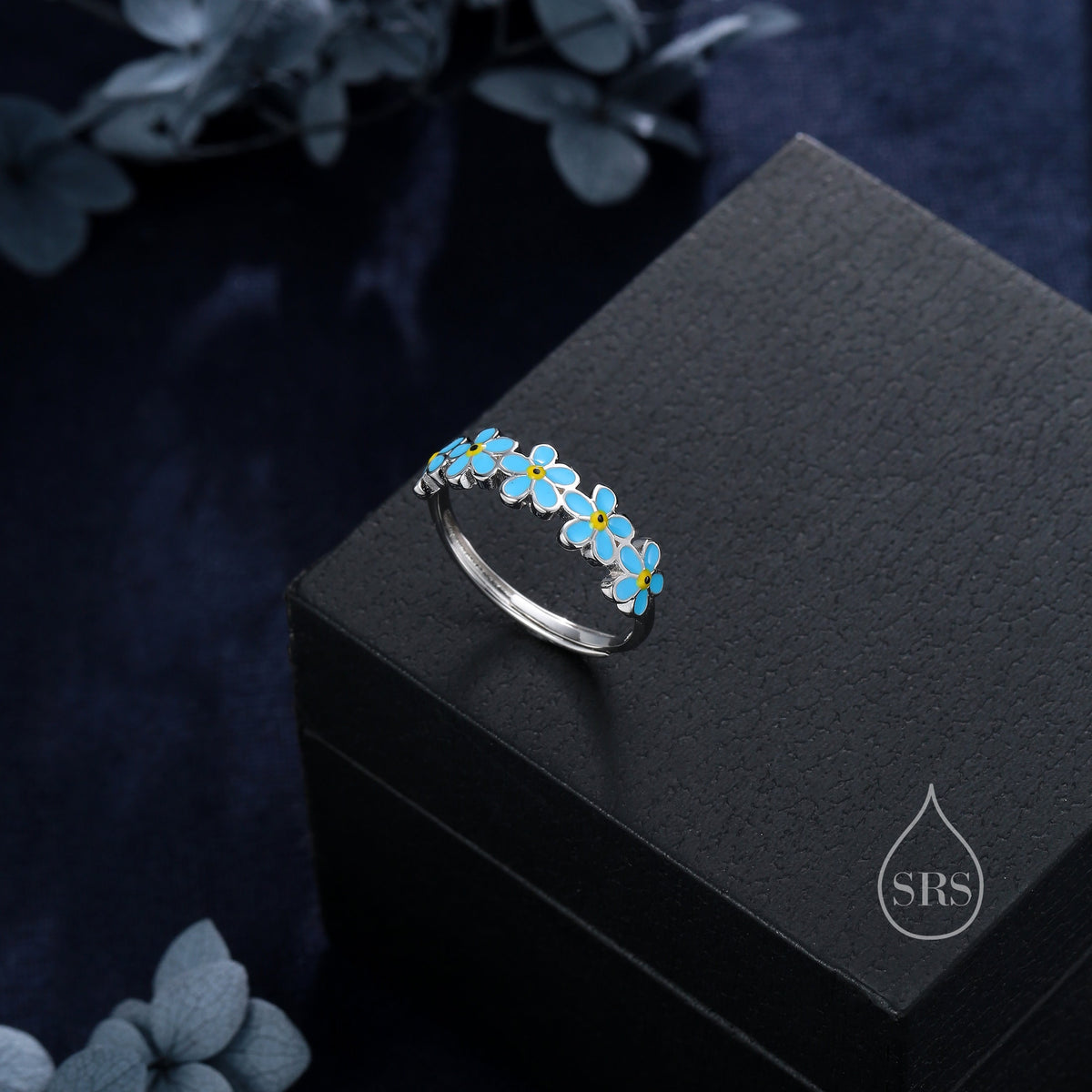 Sterling Silver Delicate Forget-me-not Flower Ring, Adjustable Size, Forget me not enamel flower Motif ring, Dainty and Delicate