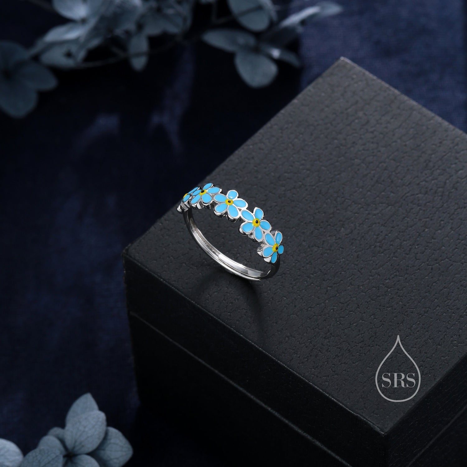 Sterling Silver Delicate Forget-me-not Flower Ring, Adjustable Size, Forget me not enamel flower Motif ring, Dainty and Delicate