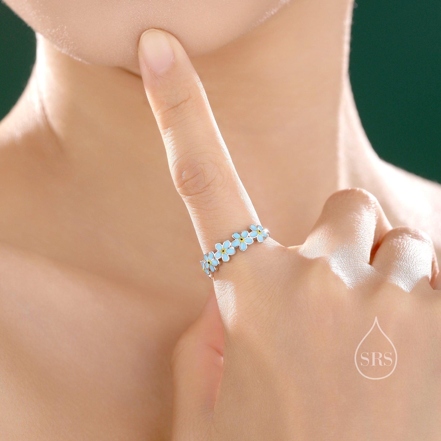 Sterling Silver Delicate Forget-me-not Flower Ring, Adjustable Size, Forget me not enamel flower Motif ring, Dainty and Delicate