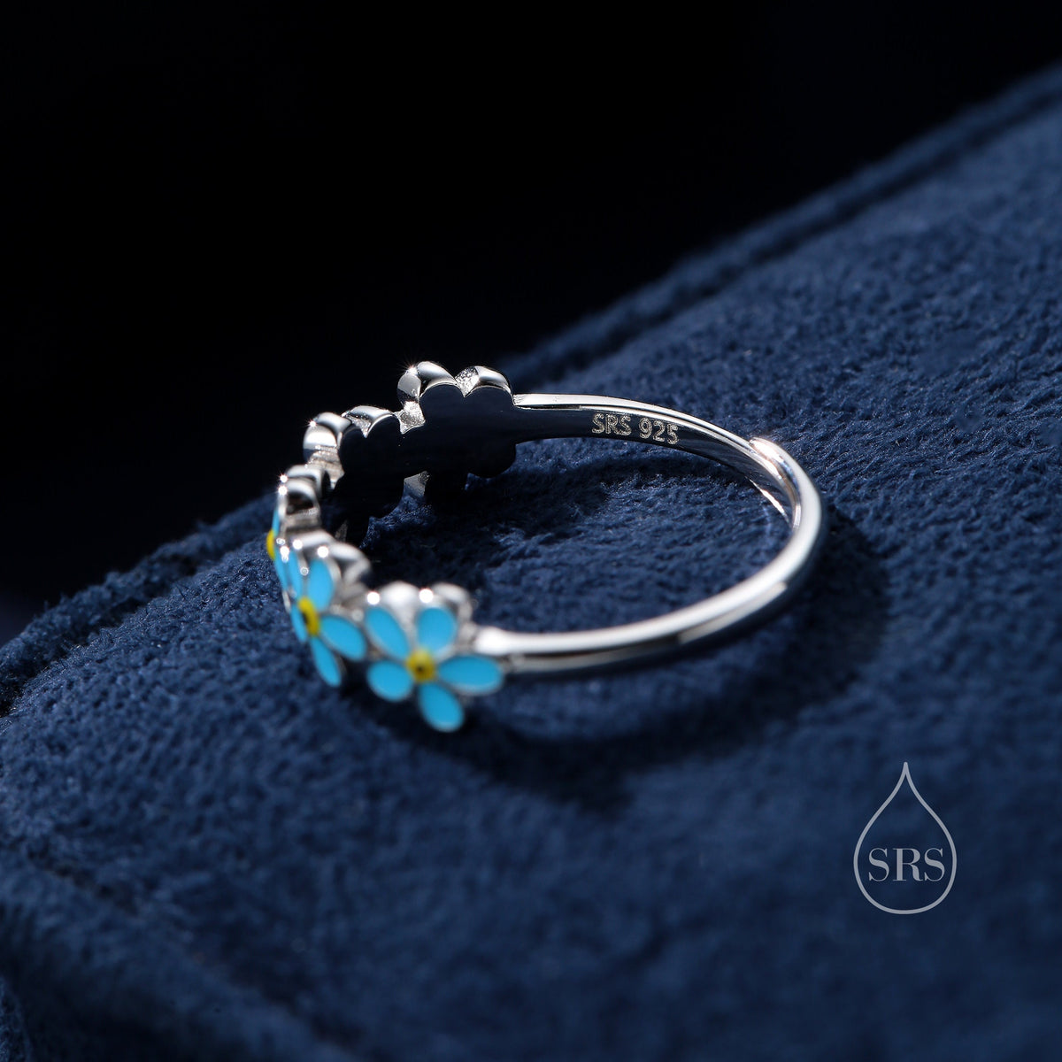 Sterling Silver Delicate Forget-me-not Flower Ring, Adjustable Size, Forget me not enamel flower Motif ring, Dainty and Delicate