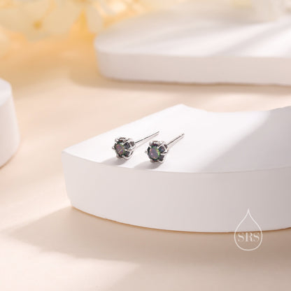 Sterling Silver Mystic Black CZ Stud Earrings,  4mm Minimal Aurora Colour Changing CZ Earrings, Iridescent Black Crystal Stud