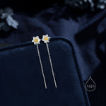 Daffodil Flower Threader Earrings in Sterling Silver, Daffodil with Dangle Chain Earrings, Daffodil Pull Through Chain Earrings