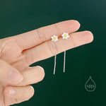 Daffodil Flower Threader Earrings in Sterling Silver, Daffodil with Dangle Chain Earrings, Daffodil Pull Through Chain Earrings