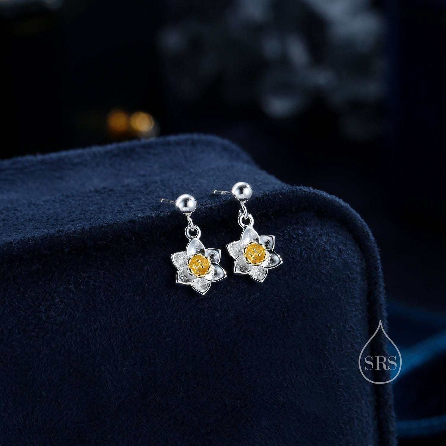 Daffodil Drop Stud Earrings in Sterling Silver, Tiny Daffodil Flower Dangle Earrings, Small Daffodil Earrings, Birth Flower for March