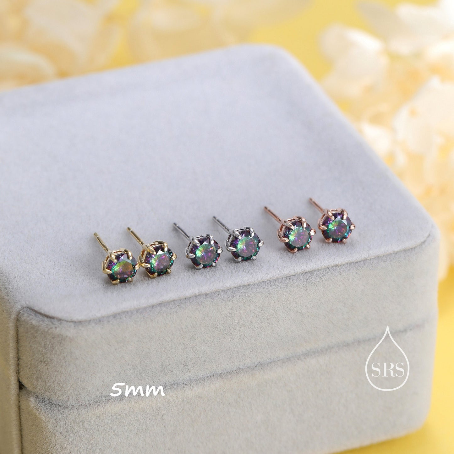 Prong Set Mystic Black CZ Stud Earrings in Sterling Silver, Silver or Gold or Rose Gold, 3mm, 4mm, 5mm, 6mm 6 Prong, Mystic Topaz CZ Earring