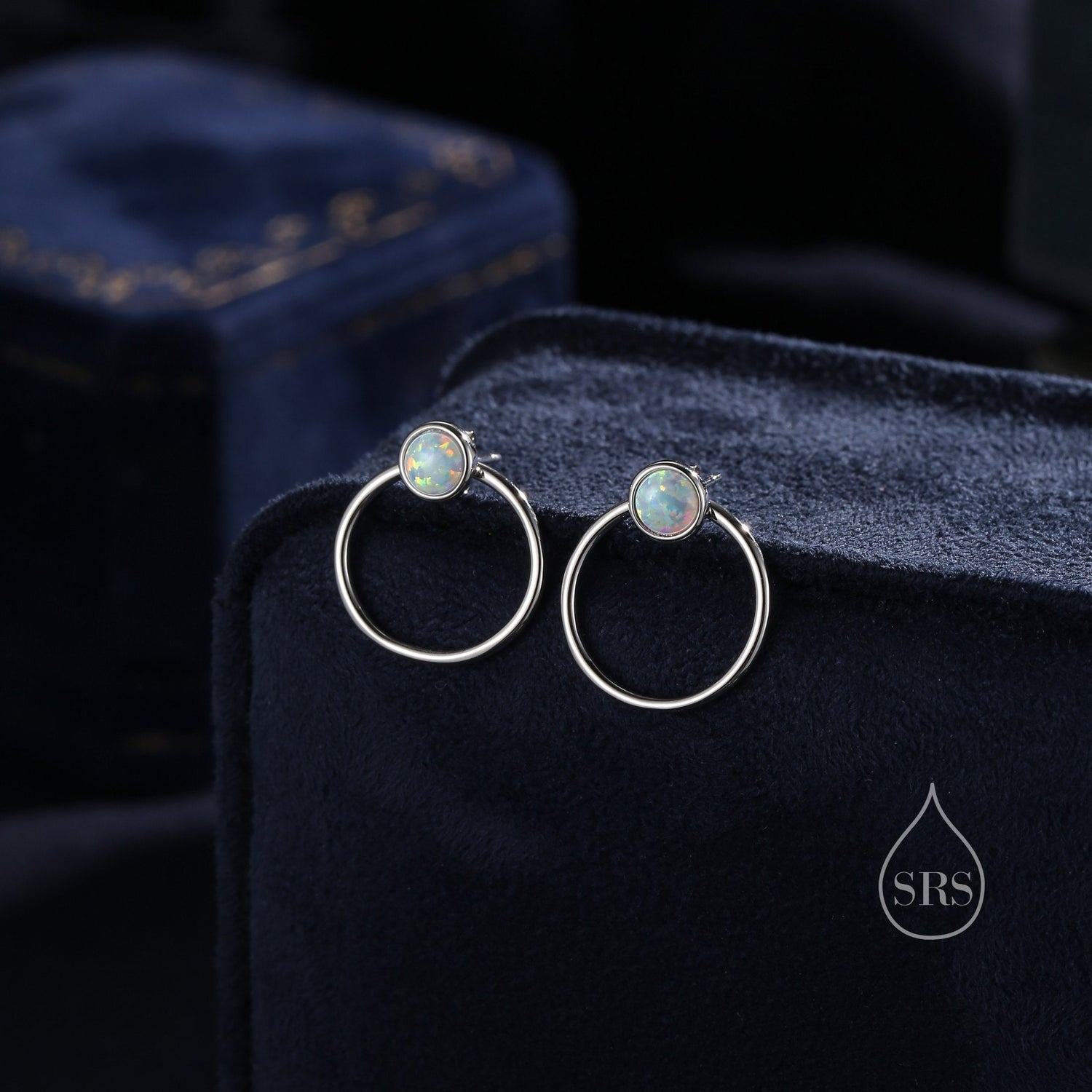 Double Circle White Opal Ear Jacket in Sterling Silver,  Two Way Detachable Circle Earrings, Front and Back Lab Opal Earring, Silver or Gold