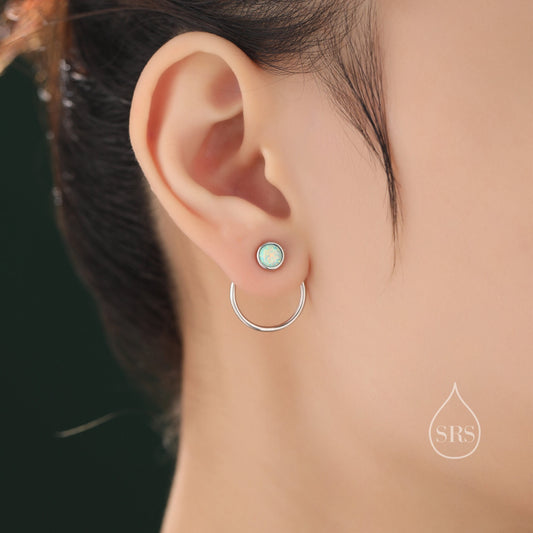 Double Circle Aqua Green Opal Ear Jacket in Sterling Silver,  Two Way Detachable Circle Earrings, Front and Back Lab Opal Earring