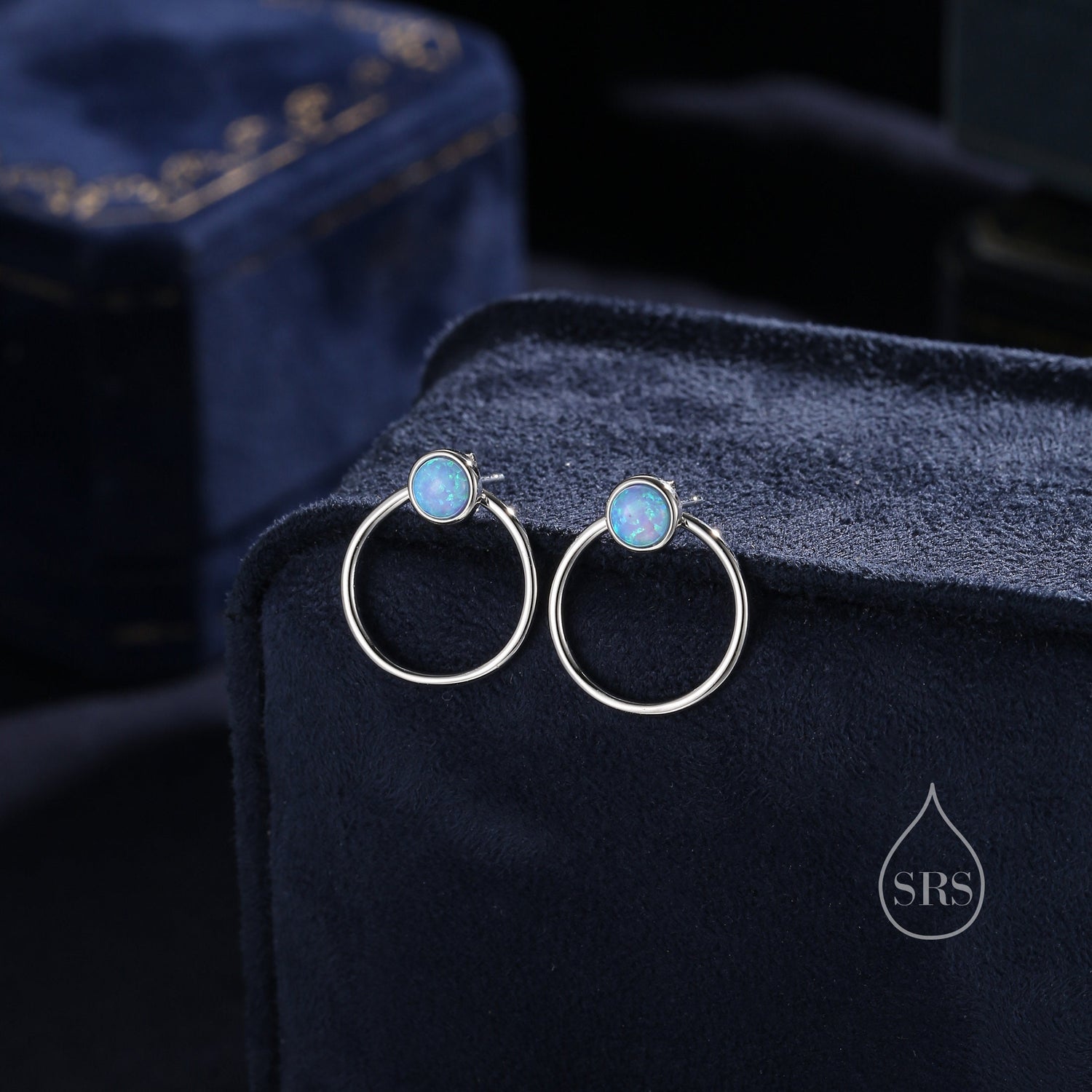 Double Circle Blue Opal Ear Jacket in Sterling Silver,  Two Way Detachable Circle Earrings, Front and Back Lab Opal Earring
