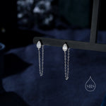 Tiny Droplet CZ Dangle Chain Stud Earrings in Sterling Silver, Silver or Gold, Pear Shape Ear Jacket, Front and Back Earrings