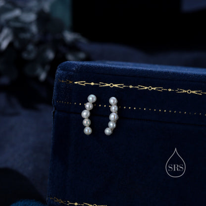 Genuine Freshwater Pearl Curved Bar Earrings in Sterling Silver, Delicate Keshi Pearl Bar Earrings, Pearl Smile Stud Earrings