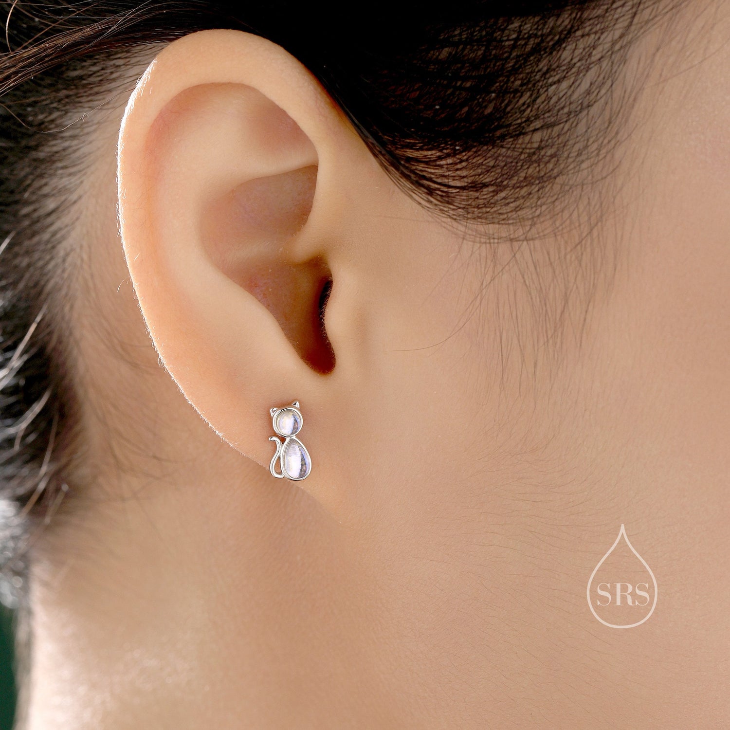 Moonstone Cat Stud Earrings in Sterling Silver, Lab Moonstone Cat Earrings, Silver or Gold or Rose Gold, Kitty Cat Earrings, Cat Lover Gift